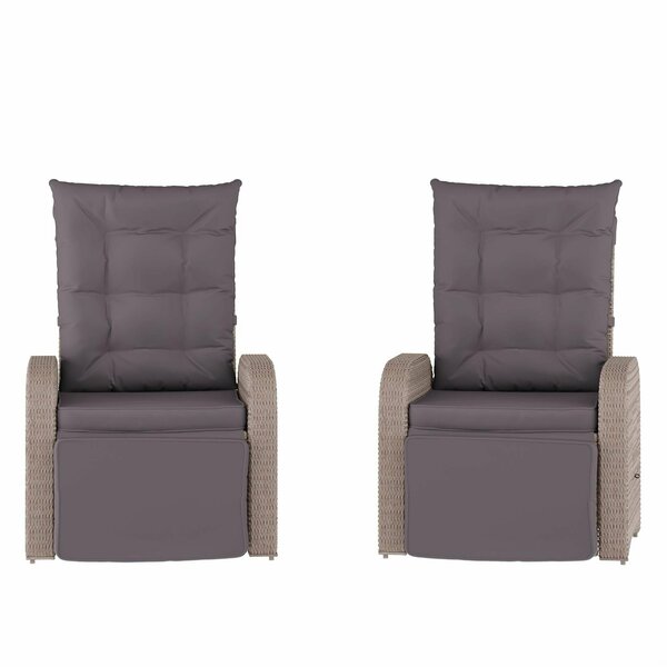 Flash Furniture Nemo Patio Wicker Rattan Recliner Lounge Chairs w/Flip up Side Tables, Gray, 2PK 2-LTS-0422-GY-GY-GG